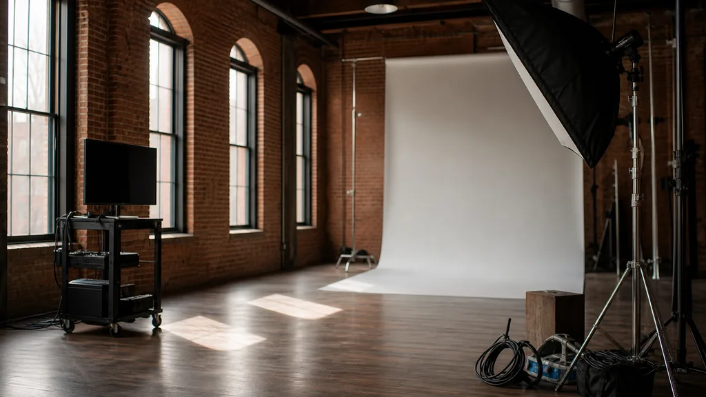 Photograph of an empty video production studio in St Louis with a cyclorama backdrop, a softbox on a light stand, a c-stand, cable coils and a monitor cart, illustrating this comparison of 13 St Louis video production agencies