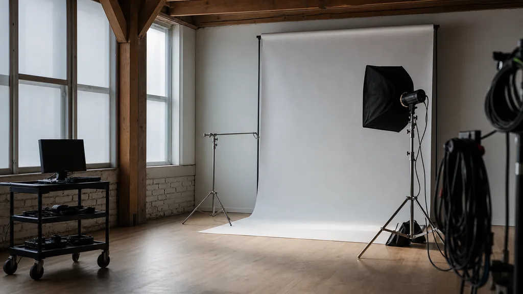 Photograph of an empty video production studio in Winnipeg with a cyclorama backdrop, a softbox on a light stand, a c-stand, cable coils and a monitor cart, illustrating this comparison of 9 Winnipeg video production agencies