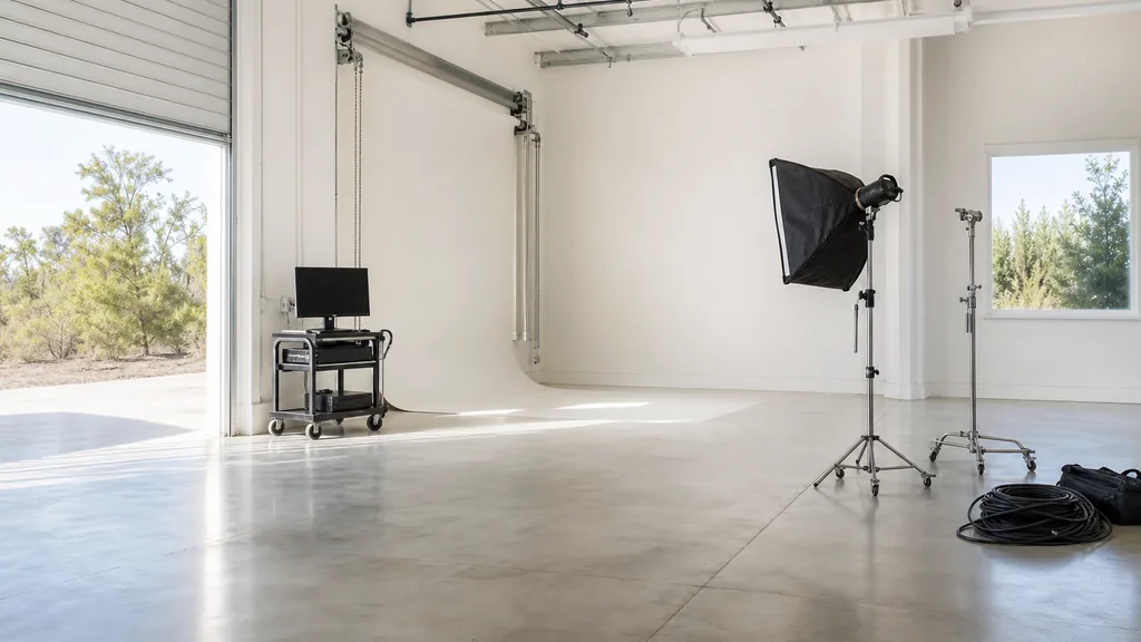 Photograph of an empty video production studio in Virginia Beach with a cyclorama backdrop, a softbox on a light stand, a c-stand, cable coils and a monitor cart, illustrating this comparison of 11 Virginia Beach video production agencies