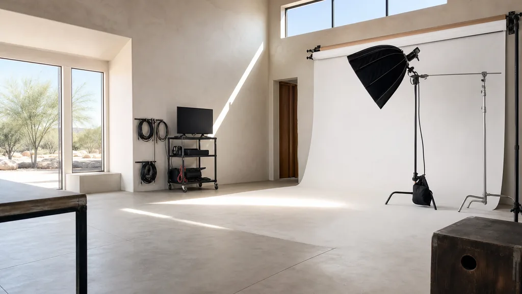 Photograph of an empty video production studio in Scottsdale with a cyclorama backdrop, a softbox on a light stand, a c-stand, cable coils and a monitor cart, illustrating this comparison of 8 Scottsdale video production agencies