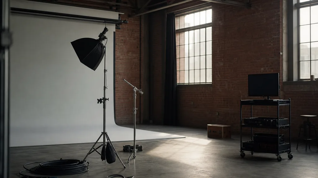 Photograph of an empty video production studio in Spokane with a cyclorama backdrop, a softbox on a light stand, a c-stand, cable coils and a monitor cart, illustrating this comparison of 9 Spokane video production agencies