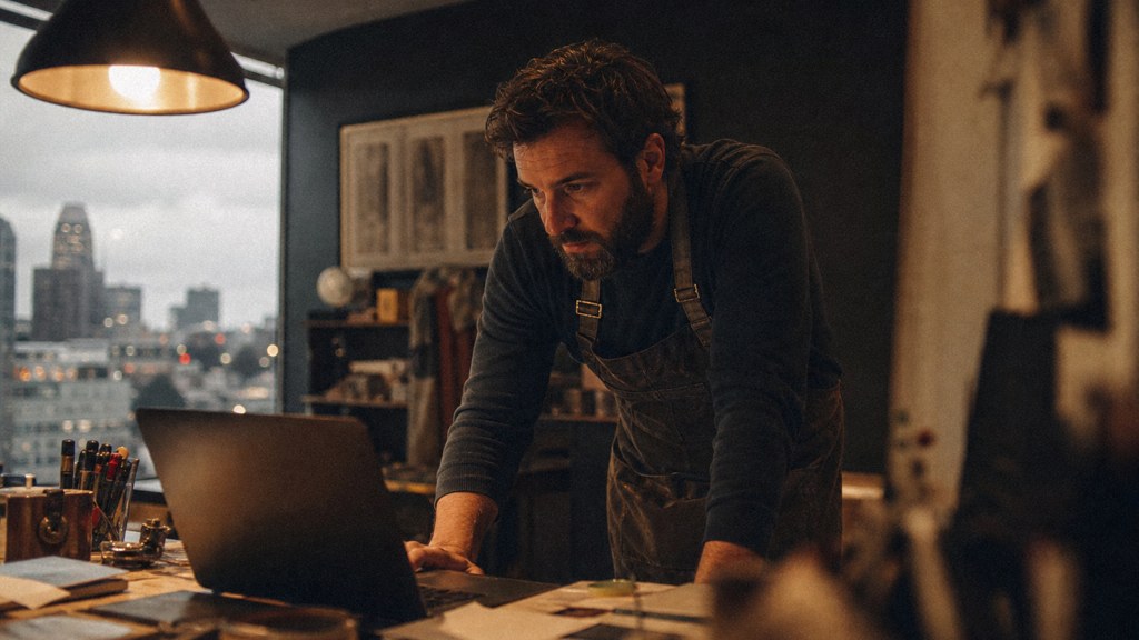 A small-business owner in an apron leaning over a laptop on a cluttered back-office desk late in the day, photographed in Charlotte