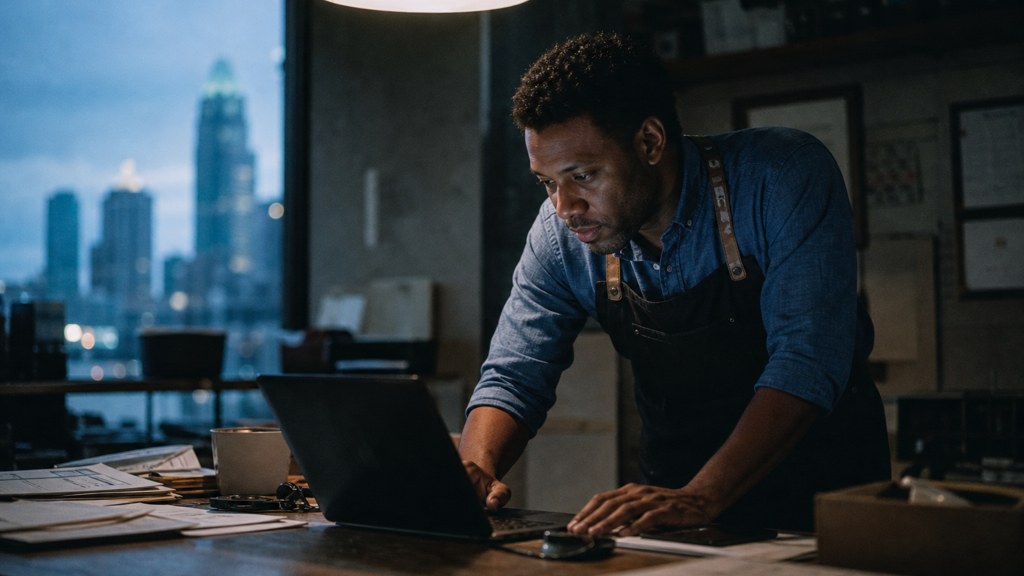 A small-business owner in an apron leaning over a laptop on a cluttered back-office desk late in the day, photographed in Charlotte