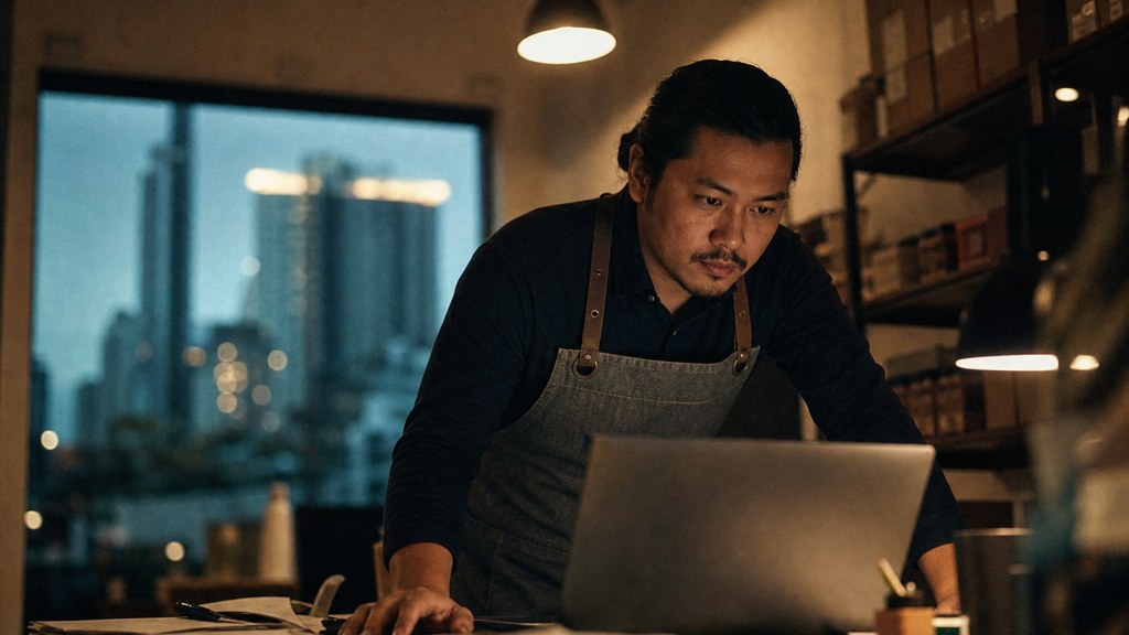 A small-business owner in an apron leaning over a laptop on a cluttered back-office desk late in the day, photographed in Charlotte