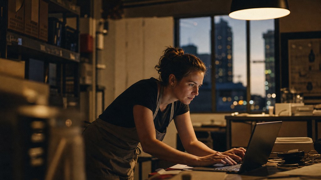 A small-business owner in an apron leaning over a laptop on a cluttered back-office desk late in the day, photographed in Charlotte