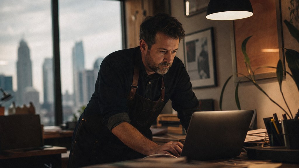 A small-business owner in an apron leaning over a laptop on a cluttered back-office desk late in the day, photographed in Charlotte