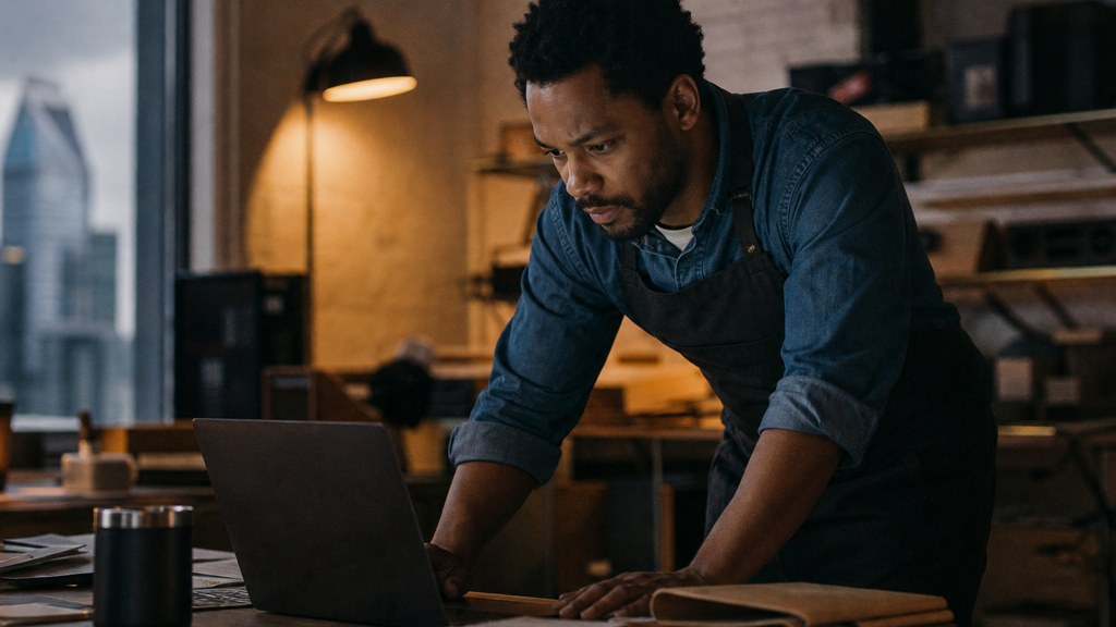 A small-business owner in an apron leaning over a laptop on a cluttered back-office desk late in the day, photographed in Charlotte