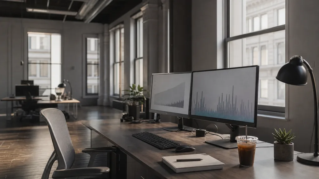Photograph of an empty New York marketing agency workspace with a long desk, two monitors showing abstract charts, a keyboard and a notebook, illustrating this comparison of 15 New York SEO agencies