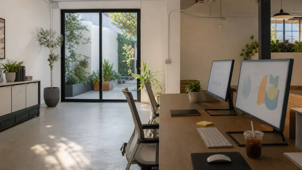 Photograph of an empty Los Angeles marketing agency workspace with a long desk, two monitors showing abstract charts, a keyboard and a notebook, illustrating this comparison of 8 Los Angeles SEO agencies