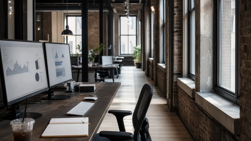 Photograph of an empty Chicago marketing agency workspace with a long desk, two monitors showing abstract charts, a keyboard and a notebook, illustrating this comparison of 16 Chicago SEO agencies
