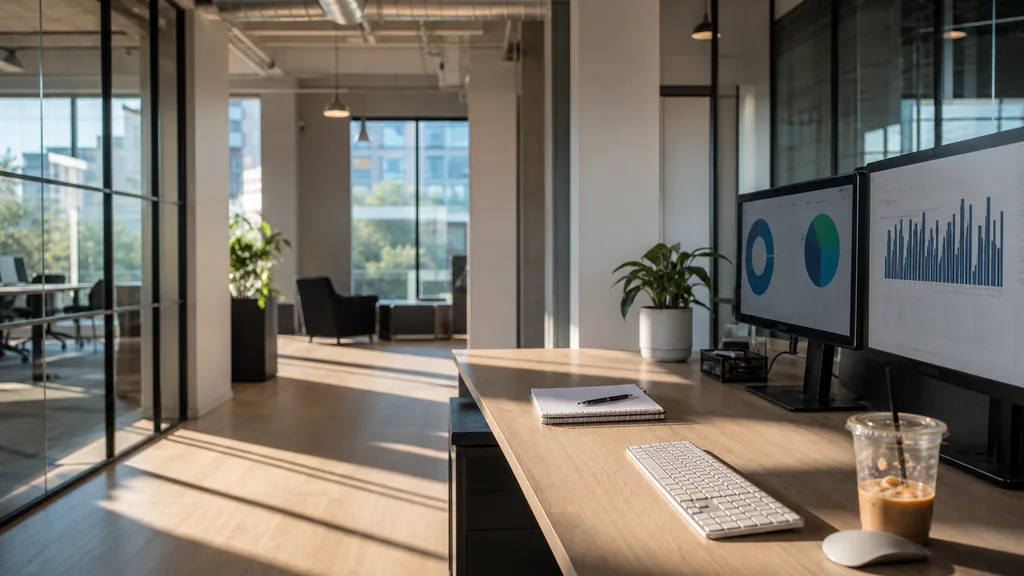 Photograph of an empty Dallas marketing agency workspace with a long desk, two monitors showing abstract charts, a keyboard and a notebook, illustrating this comparison of 11 Dallas Google Ads management agencies