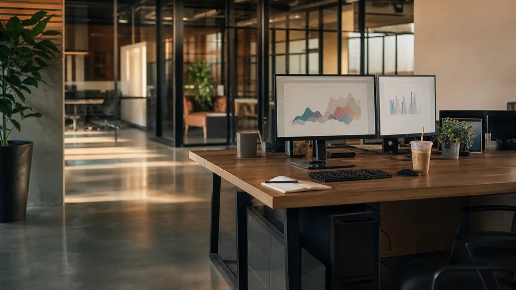 Photograph of an empty Houston marketing agency workspace with a long desk, two monitors showing abstract charts, a keyboard and a notebook, illustrating this comparison of 13 Houston Google Ads management agencies