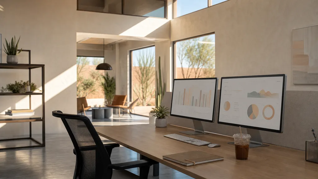 Photograph of an empty Phoenix marketing agency workspace with a long desk, two monitors showing abstract charts, a keyboard and a notebook, illustrating this comparison of 19 Phoenix Google Ads management agencies