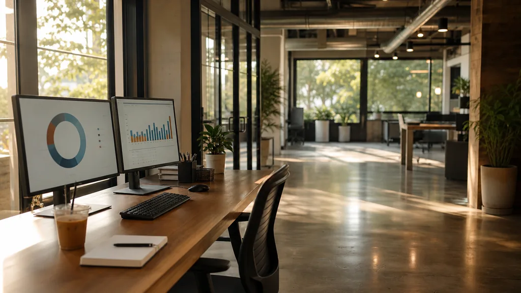 Photograph of an empty Houston marketing agency workspace with a long desk, two monitors showing abstract charts, a keyboard and a notebook, illustrating this comparison of 15 Houston SEO agencies