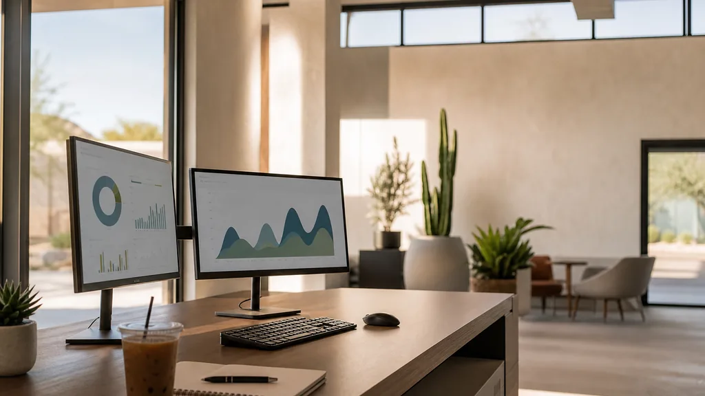 Photograph of an empty Phoenix marketing agency workspace with a long desk, two monitors showing abstract charts, a keyboard and a notebook, illustrating this comparison of 20 Phoenix SEO agencies