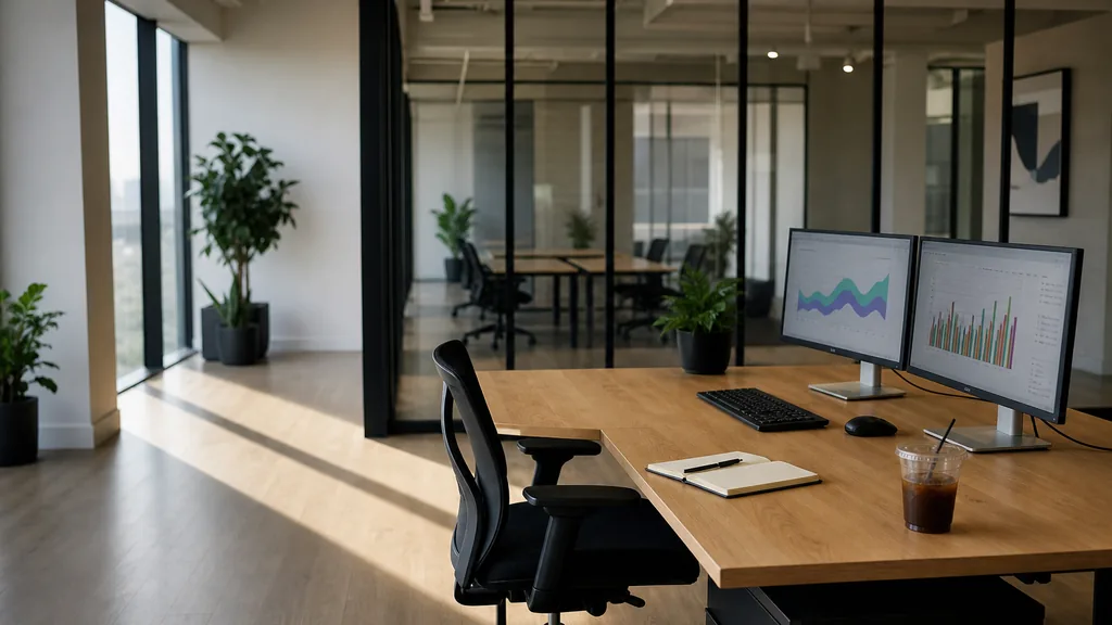 Photograph of an empty Dallas marketing agency workspace with a long desk, two monitors showing abstract charts, a keyboard and a notebook, illustrating this comparison of 15 Dallas SEO agencies