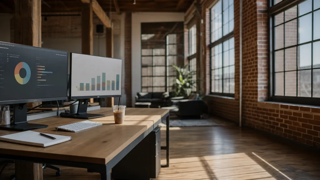 Photograph of an empty Denver marketing agency workspace with a long desk, two monitors showing abstract charts, a keyboard and a notebook, illustrating this comparison of 24 Denver SEO agencies