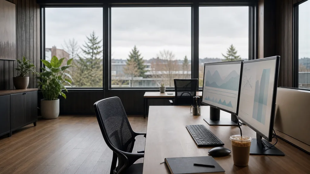 Photograph of an empty Seattle marketing agency workspace with a long desk, two monitors showing abstract charts, a keyboard and a notebook, illustrating this comparison of 15 Seattle SEO agencies