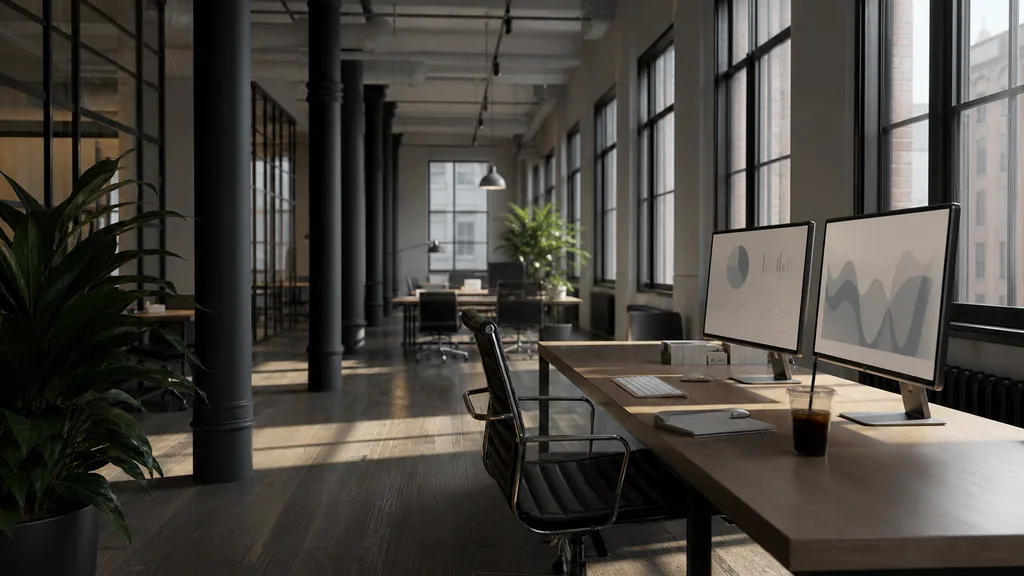 Photograph of an empty New York marketing agency workspace with a long desk, two monitors showing abstract charts, a keyboard and a notebook, illustrating this comparison of 16 New York Google Ads management agencies