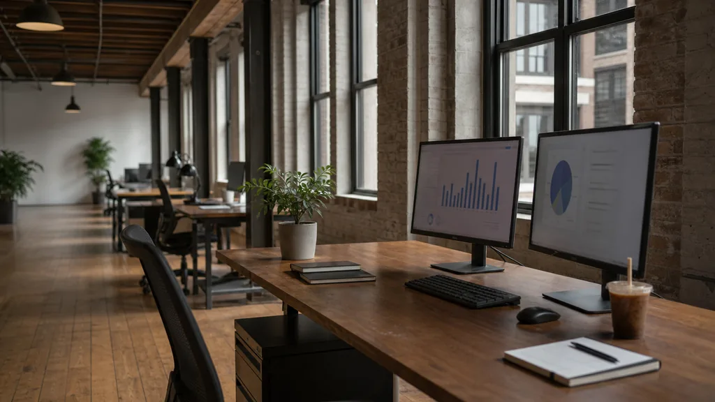 Photograph of an empty Chicago marketing agency workspace with a long desk, two monitors showing abstract charts, a keyboard and a notebook, illustrating this comparison of 17 Chicago Google Ads management agencies