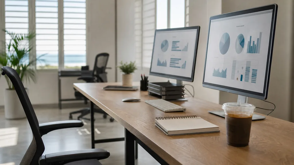 Photograph of an empty San Diego marketing agency workspace with a long desk, two monitors showing abstract charts, a keyboard and a notebook, illustrating this comparison of 20 San Diego Google Ads management agencies