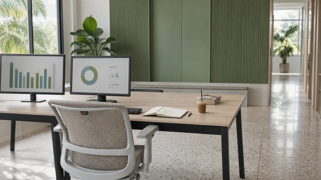 Photograph of an empty Miami marketing agency workspace with a long desk, two monitors showing abstract charts, a keyboard and a notebook, illustrating this comparison of 23 Miami Google Ads management agencies