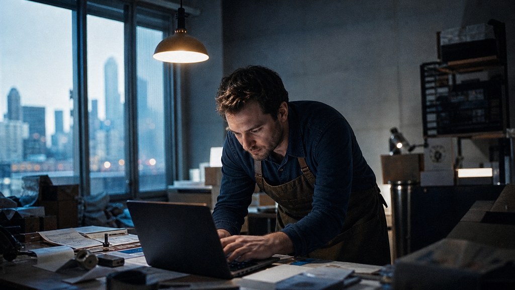 A small-business owner in an apron leaning over a laptop on a cluttered back-office desk late in the day, photographed in Chicago