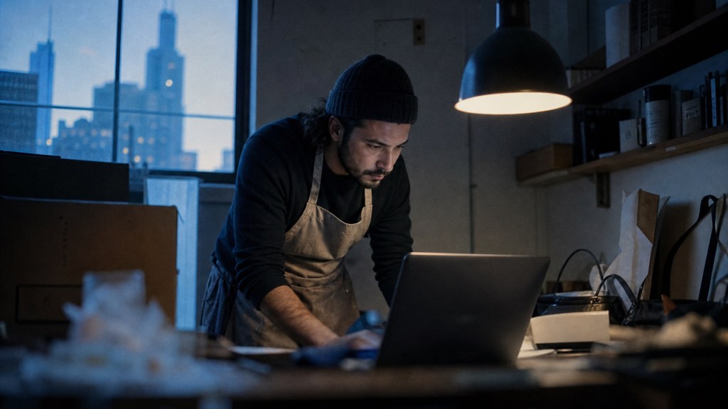 A small-business owner in an apron leaning over a laptop on a cluttered back-office desk late in the day, photographed in Chicago