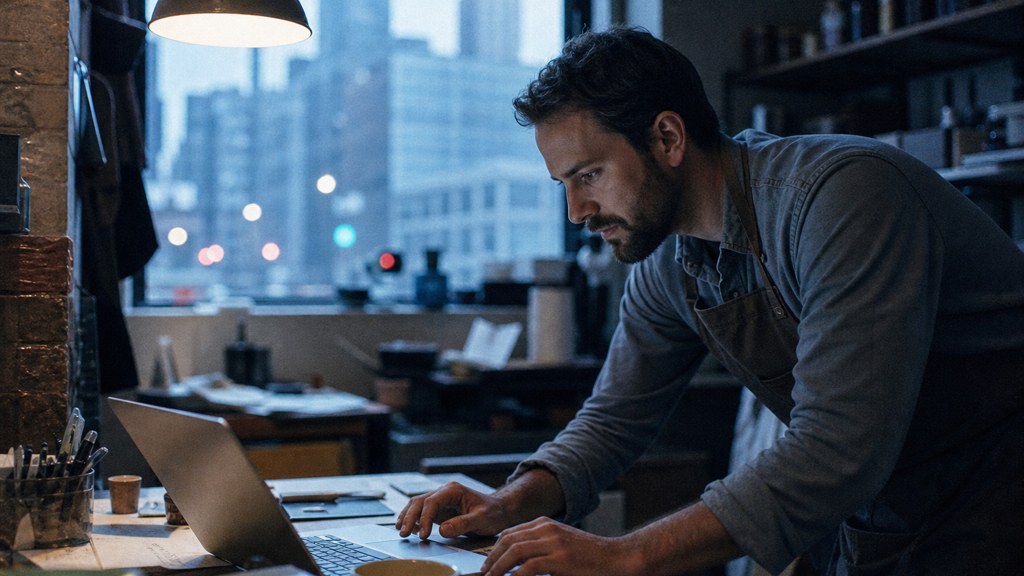 A small-business owner in an apron leaning over a laptop on a cluttered back-office desk late in the day, photographed in Chicago