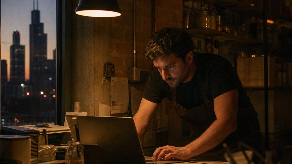 A small-business owner in an apron leaning over a laptop on a cluttered back-office desk late in the day, photographed in Chicago
