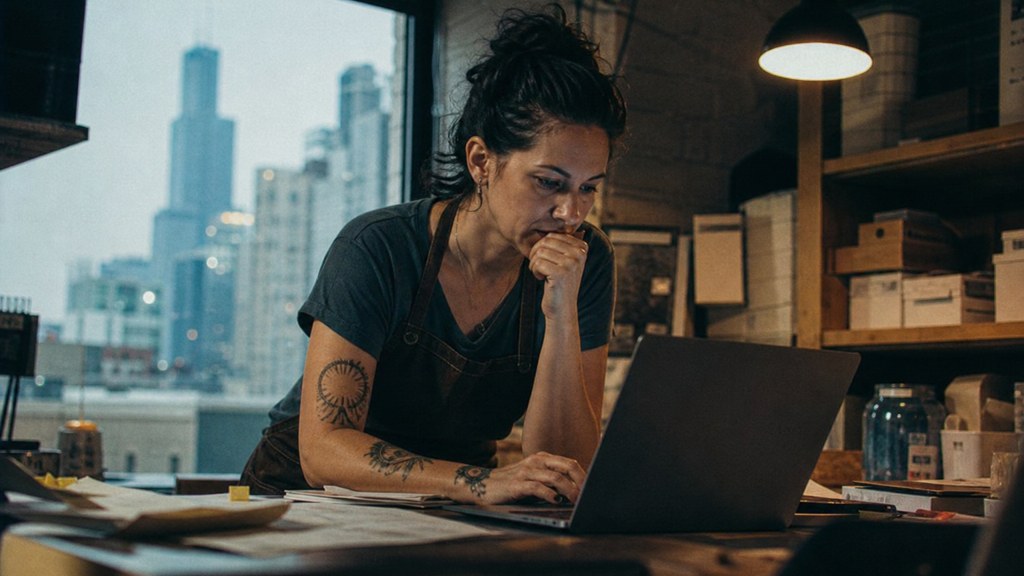 A small-business owner in an apron leaning over a laptop on a cluttered back-office desk late in the day, photographed in Chicago