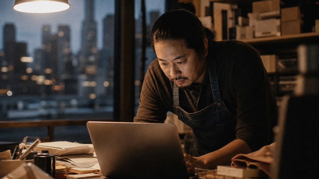 A small-business owner in an apron leaning over a laptop on a cluttered back-office desk late in the day, photographed in Chicago