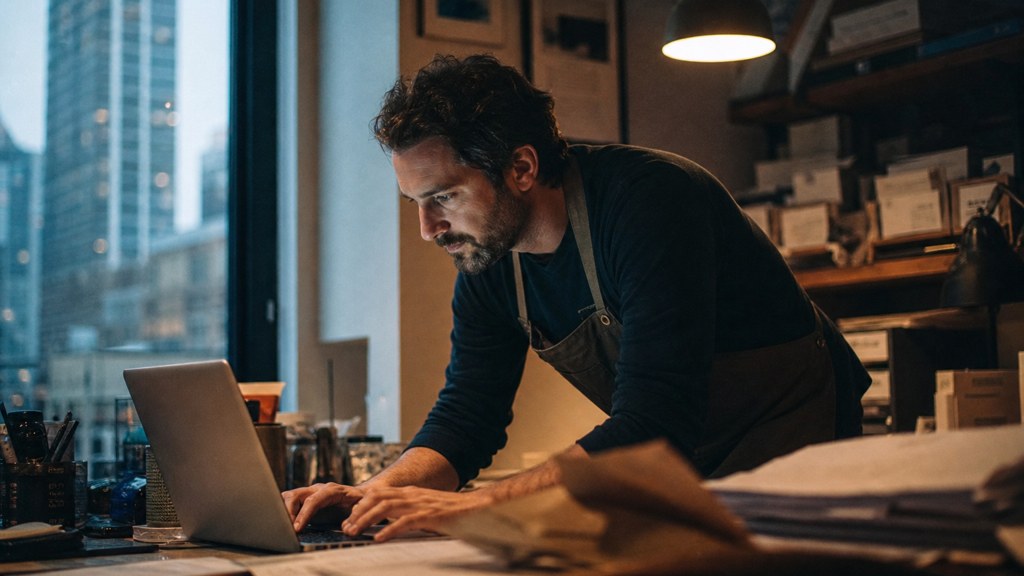 A small-business owner in an apron leaning over a laptop on a cluttered back-office desk late in the day, photographed in Chicago