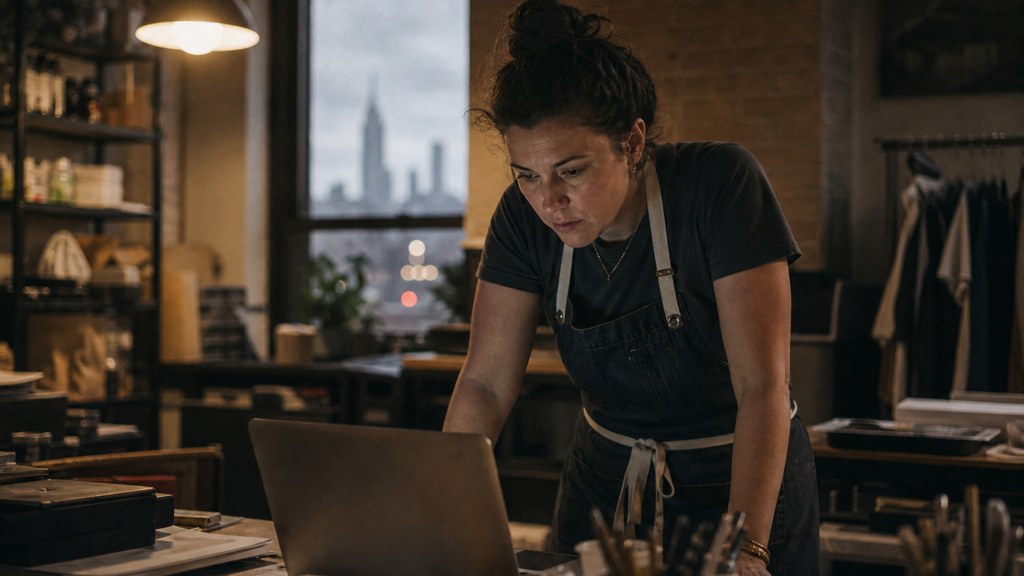 A small-business owner in an apron leaning over a laptop on a cluttered back-office desk late in the day, photographed in Chicago
