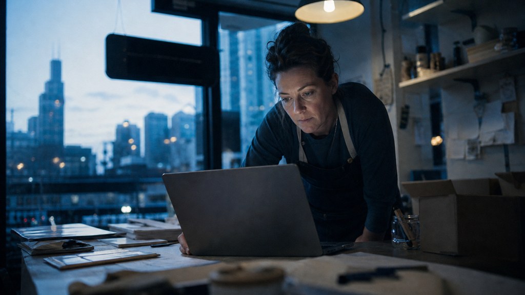 A small-business owner in an apron leaning over a laptop on a cluttered back-office desk late in the day, photographed in Chicago
