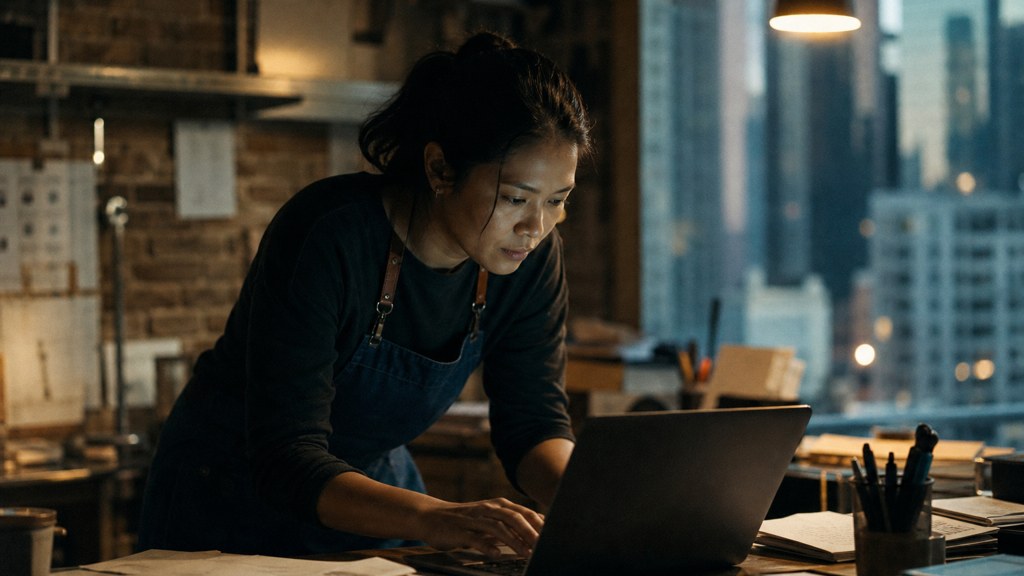 A small-business owner in an apron leaning over a laptop on a cluttered back-office desk late in the day, photographed in Chicago