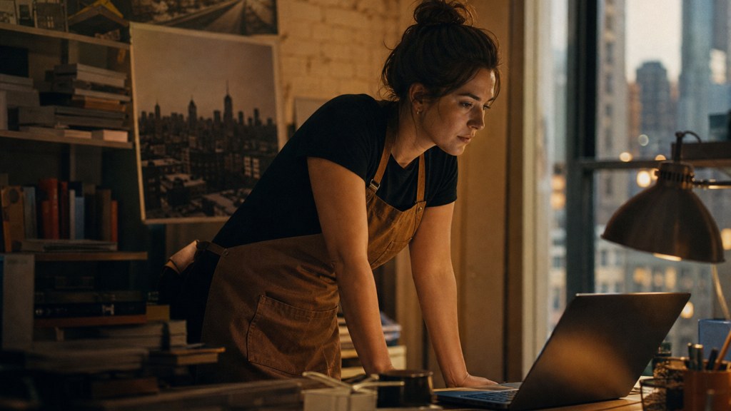 A small-business owner in an apron leaning over a laptop on a cluttered back-office desk late in the day, photographed in Chicago