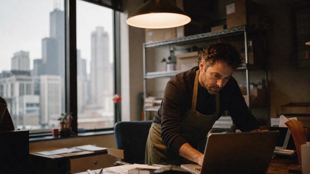A small-business owner in an apron leaning over a laptop on a cluttered back-office desk late in the day, photographed in Chicago
