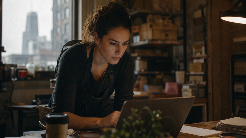 A small-business owner in an apron leaning over a laptop on a cluttered back-office desk late in the day, photographed in Chicago