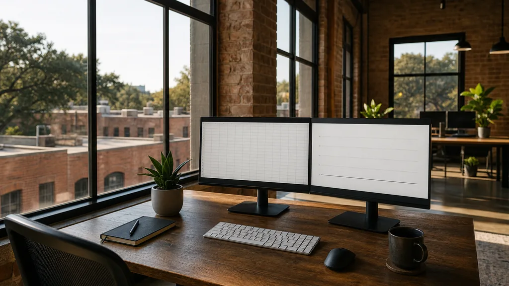 Photograph of an empty Austin marketing agency workspace with a long desk, two monitors showing abstract charts, a keyboard and a notebook, illustrating this comparison of 10 Austin SEO agencies