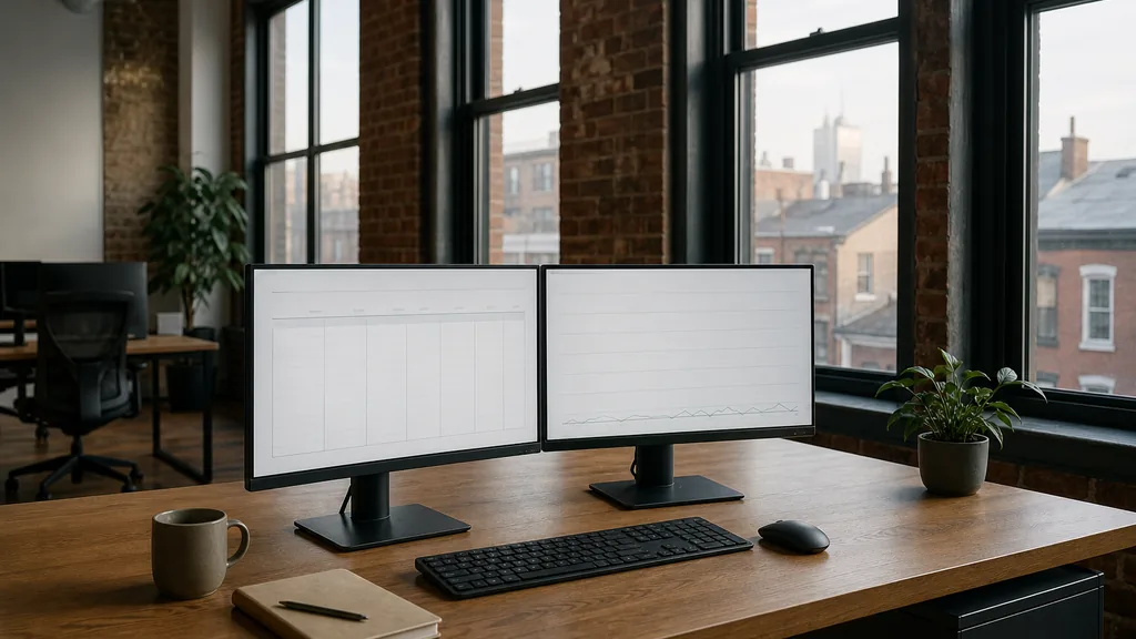Photograph of an empty Philadelphia marketing agency workspace with a long desk, two monitors showing abstract charts, a keyboard and a notebook, illustrating this comparison of 12 Philadelphia SEO agencies