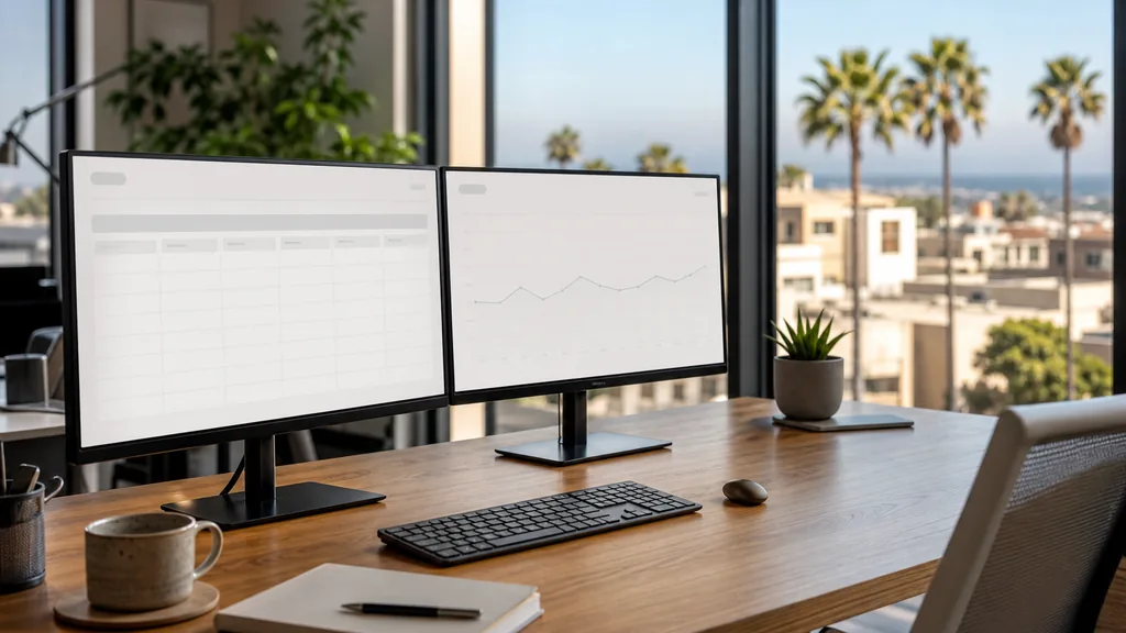 Photograph of an empty San Diego marketing agency workspace with a long desk, two monitors showing abstract charts, a keyboard and a notebook, illustrating this comparison of 23 San Diego SEO agencies