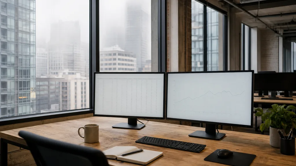 Photograph of an empty San Francisco marketing agency workspace with a long desk, two monitors showing abstract charts, a keyboard and a notebook, illustrating this comparison of 8 San Francisco SEO agencies