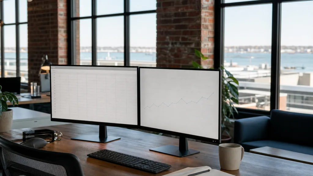 Photograph of an empty Boston marketing agency workspace with a long desk, two monitors showing abstract charts, a keyboard and a notebook, illustrating this comparison of 16 Boston SEO agencies