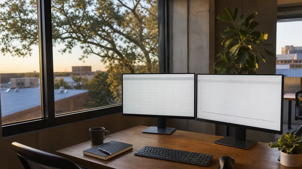 Photograph of an empty Austin marketing agency workspace with a long desk, two monitors showing abstract charts, a keyboard and a notebook, illustrating this comparison of 16 Austin Google Ads management agencies