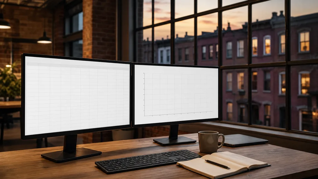 Photograph of an empty Philadelphia marketing agency workspace with a long desk, two monitors showing abstract charts, a keyboard and a notebook, illustrating this comparison of 10 Philadelphia Google Ads management agencies
