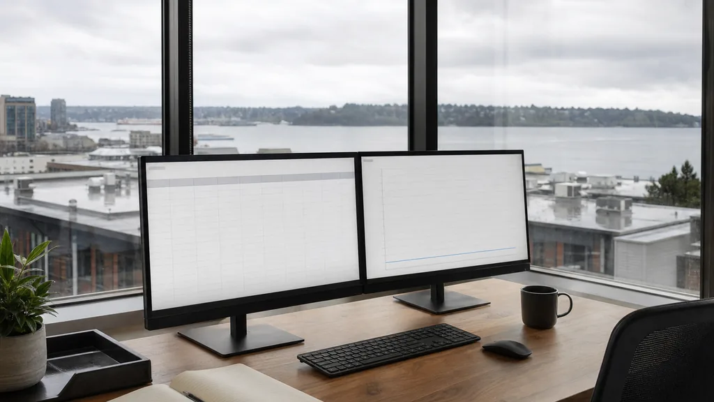 Photograph of an empty Seattle marketing agency workspace with a long desk, two monitors showing abstract charts, a keyboard and a notebook, illustrating this comparison of 16 Seattle Google Ads management agencies