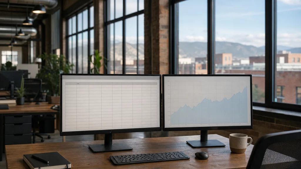 Photograph of an empty Denver marketing agency workspace with a long desk, two monitors showing abstract charts, a keyboard and a notebook, illustrating this comparison of 23 Denver Google Ads management agencies