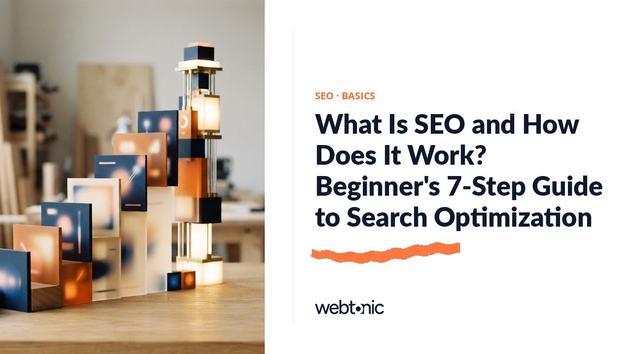 What Is SEO and How Does It Work? Beginner's 7-Step Guide to Search Optimization — Web Tonic blog thumbnail