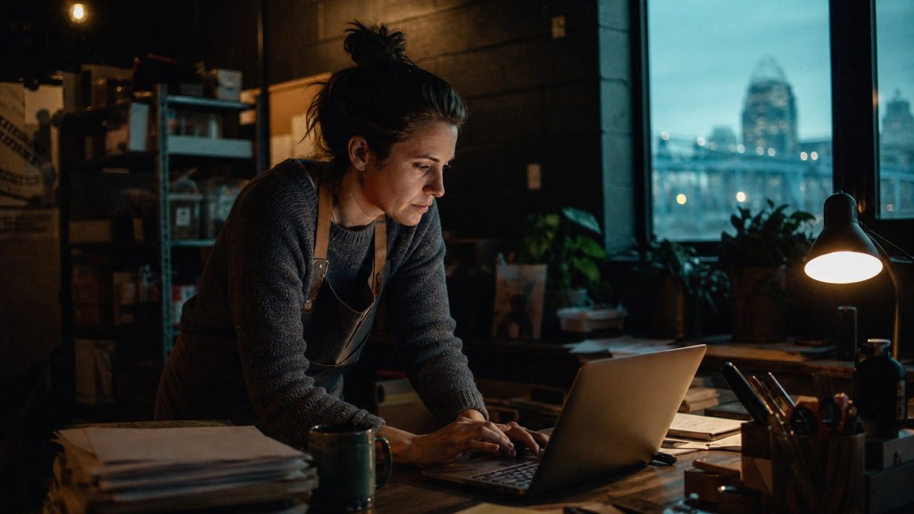 A small-business owner in an apron leaning over a laptop on a cluttered back-office desk late in the day, photographed in Cincinnati